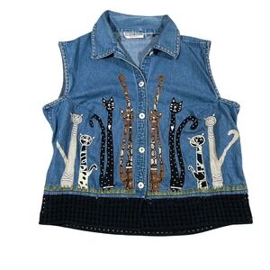 Vintage Dress Barn‎ Cat Novelty Embroidered Denim Vest Large Funky Grandma